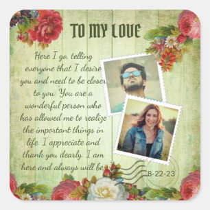 Sticker Carré Lettre d'amour romantique vintage en bois vert