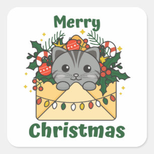 Sticker Carré Lettre de Noël Chat Animaux d'hiver Chats Carré St
