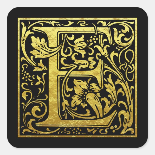 Sticker Carré Lettre E Première Lettre Faux Or Noir (Devant)