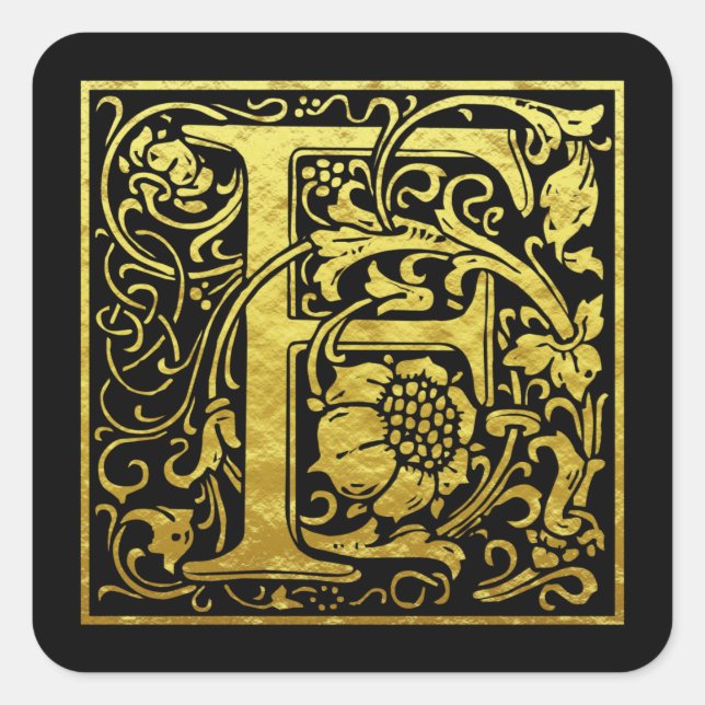 Sticker Carré Lettre F Première Lettre Faux Gold Noir (Devant)