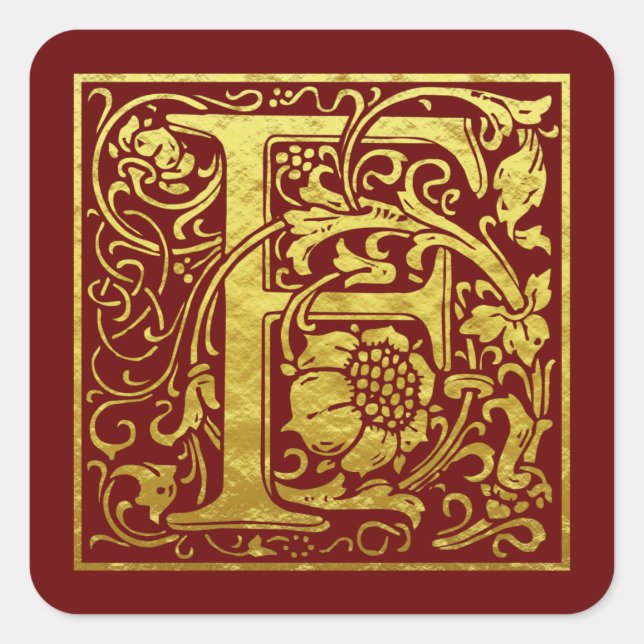 Sticker Carré Lettre F Première Lettre Faux Or Rouge (Devant)