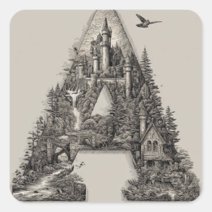 Sticker Carré Lettre Fantastique A avec des Châteaux dans le Liv