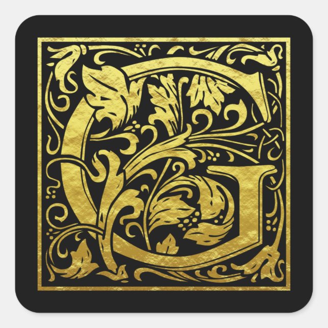 Sticker Carré Lettre G Première Lettre Faux Or Noir (Devant)