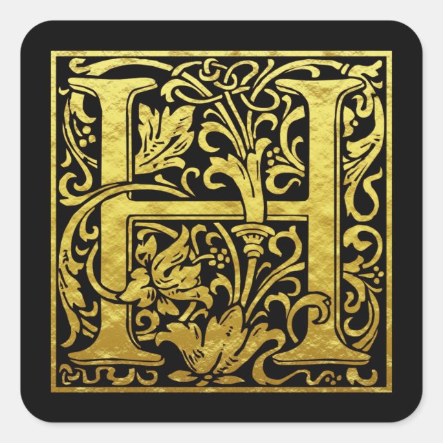 Sticker Carré Lettre H Première Lettre Faux Or Noir (Devant)