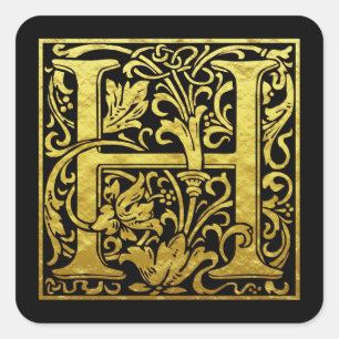 Sticker Carré Lettre H Première Lettre Faux Or Noir