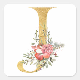 Sticker Carré Lettre J monogramme or avec fleurs