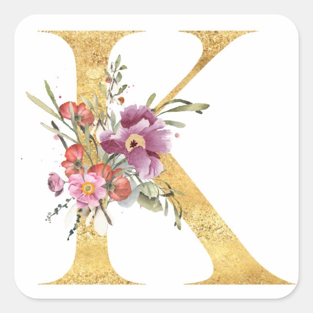 Sticker Carré Lettre K monogramme dorée avec fleurs (Devant)