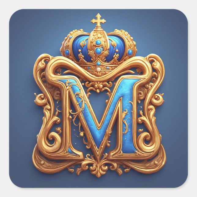 Sticker Carré Lettre M Luxe Monogramme Initial de Style Royal (Devant)