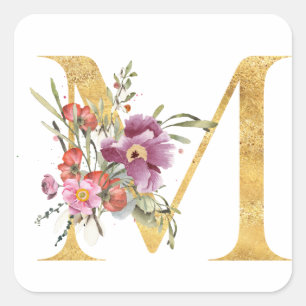 Sticker Carré Lettre M monogramme dorée avec fleur