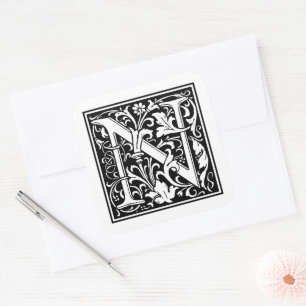 Sticker Carré Lettre majuscule N William Morris sur fond blanc