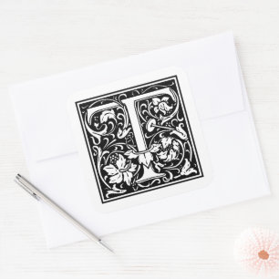 Sticker Carré Lettre majuscule T William Morris sur fond blanc