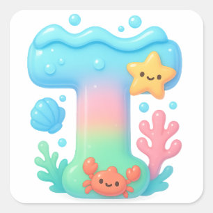 Sticker Carré Lettre mignonne "T" - Créature marine sous l'eau 
