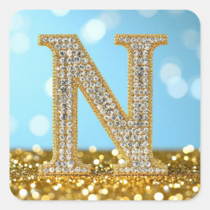 Sticker Carré Lettre N de luxe en diamant sur fond de paillettes