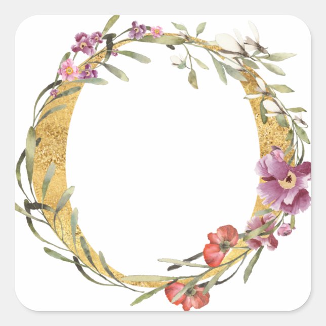 Sticker Carré Lettre O monogramme or avec fleur (Devant)