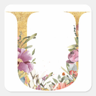 Sticker Carré Lettre or MONOGRAM U avec fleur