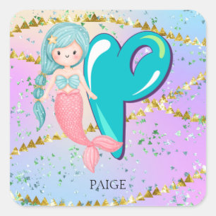 Sticker Carré Lettre P Monogramme Aquarelle mignonne Sirène