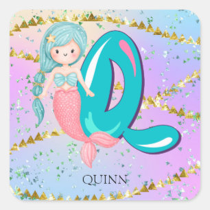 Sticker Carré Lettre Q Monogramme Aquarelle mignonne Sirène