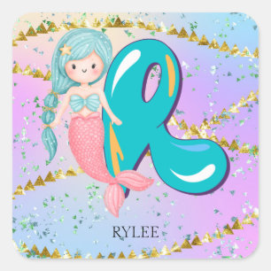 Sticker Carré Lettre R Monogramme Aquarelle mignonne Sirène