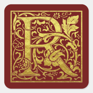 Sticker Carré Lettre R Première Lettre Faux Gold Rouge