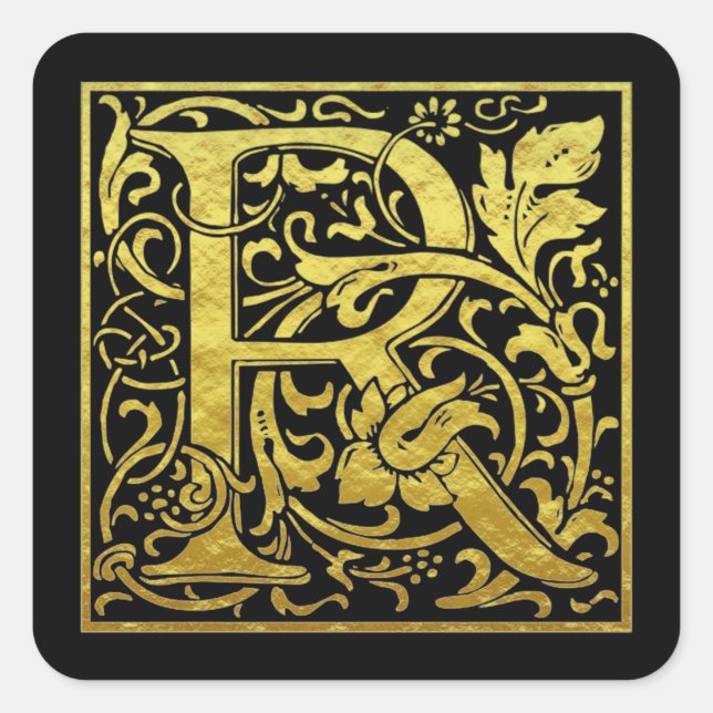 Sticker Carré Lettre R Première Lettre Faux Or Noir (Devant)