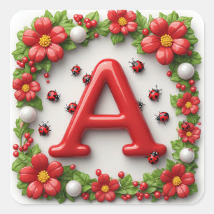 Sticker Carré 🐞 Lettre rouge A avec coquelicots coccinelles