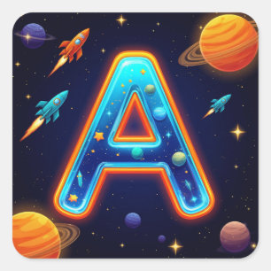 Sticker Carré 🌠 Lettre spatiale A Galaxie Fusées Étoiles Planèt