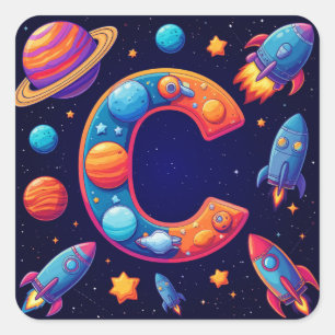 Sticker Carré 🚀 Lettre spatiale C Fusées Planètes Étoiles Enfan
