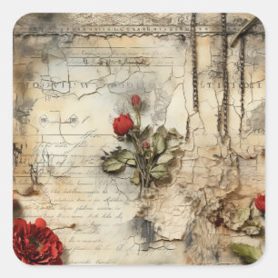 Sticker Carré Lettre vintage d'amour parchemin avec fleurs (10)