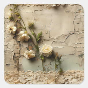 Sticker Carré Lettre vintage d'amour parchemin avec fleurs (3)