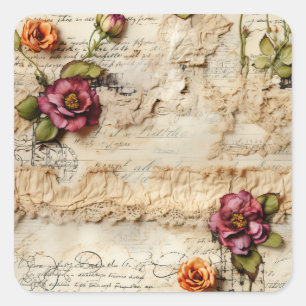 Sticker Carré Lettre vintage d'amour parchemin avec fleurs (8)