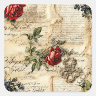 Sticker Carré Lettre vintage d'amour parchemin avec fleurs (9)