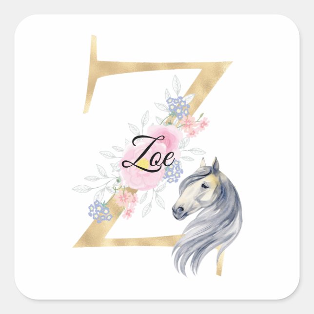 Sticker Carré Lettre Z nom personnalisé monogramme avec cheval (Devant)
