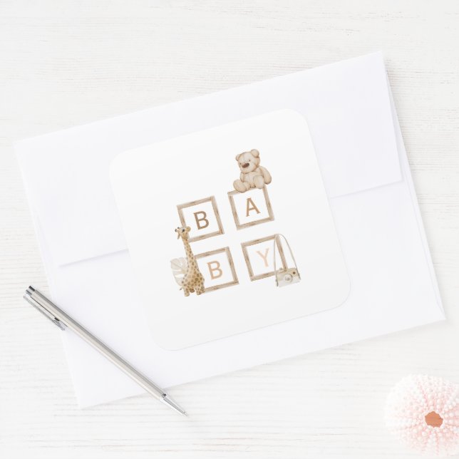 Sticker Carré Lettres Boho Neutral Bois Block (Enveloppe)