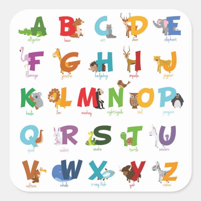Sticker Carré Lettres d'alphabet animal illustrées colorées (Devant)