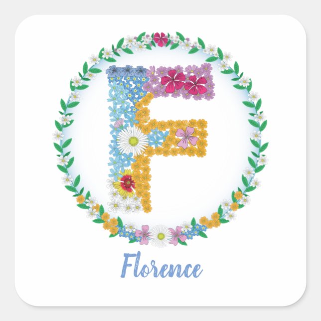 Sticker Carré Lettres de fleurs Initiale "F" avec nom personnali (Devant)