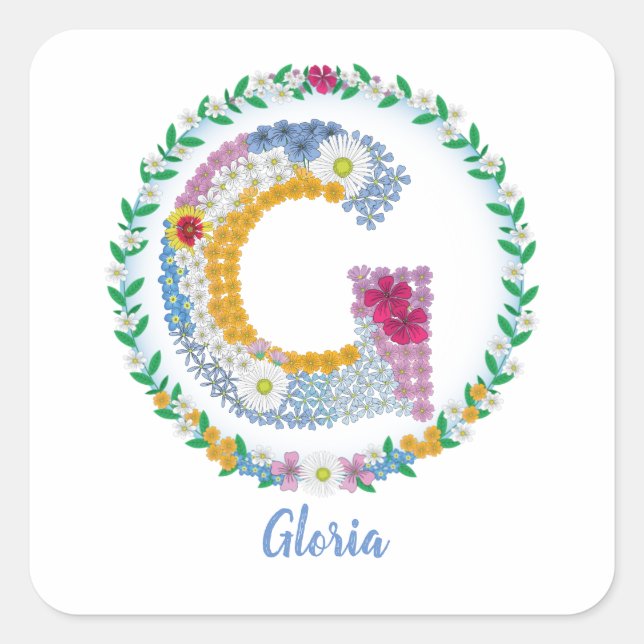 Sticker Carré Lettres de fleurs Initiale "G" avec nom personnali (Devant)
