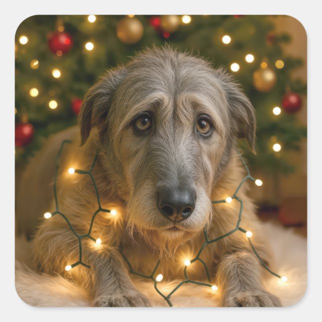 Sticker Carré Lévrier Irlandais emmêlé dans les lumières de Noël (Devant)