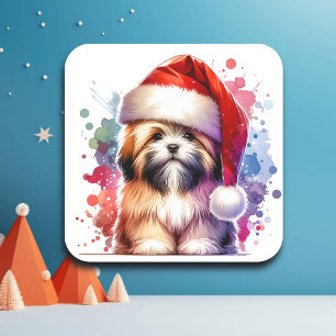Sticker Carré Lhasa Apso Chien à Santa Hat Noël