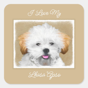 Sticker Carré Lhasa Apso Puppy Peinture - Cute Original Chien Ar