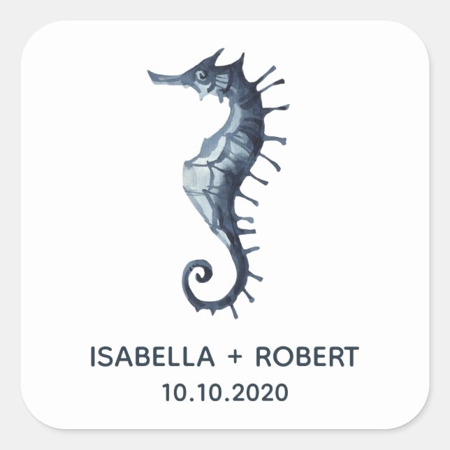 Sticker Carré L'hippocampe bleu | Monogramme Mariage (Devant)