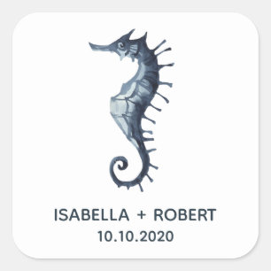 Sticker Carré L'hippocampe bleu   Monogramme Mariage