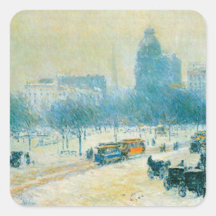 Sticker Carré L'Hiver à Union Square par Frederick Childe Hassam