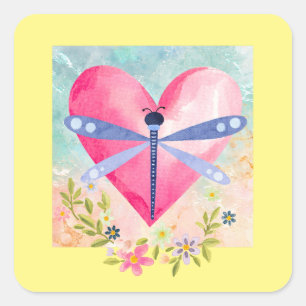 Sticker Carré Libellule aquarelle de printemps, cœur, fleurs