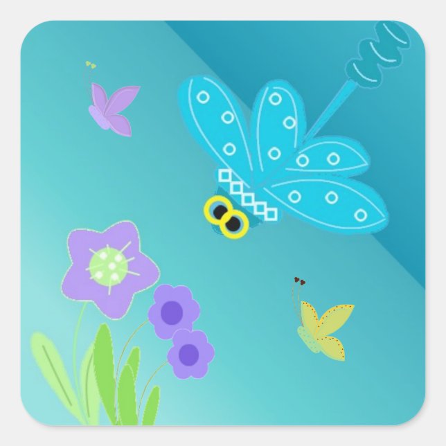 Sticker Carré Libellule de dessin animé avec des fleurs (Devant)
