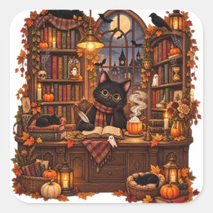 Sticker Carré Librairie Halloween Cozy Black Cat