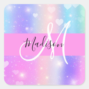 Sticker Carré Licorne Arc-en-Ciel Cœurs Monogramme Coloré Fémini