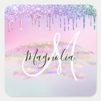 Sticker Carré Licorne arc-en-ciel ombrée pailletée rose monogram