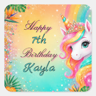 Sticker Carré Licorne Arc-en-Ciel Tropical Fleurs Anniversaire F