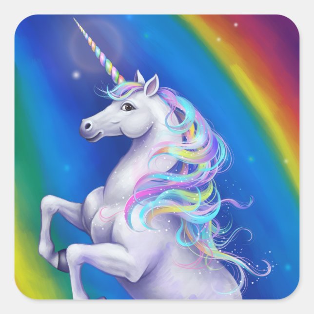 Sticker Carré Licorne avec Arc-en-Ciel (Devant)