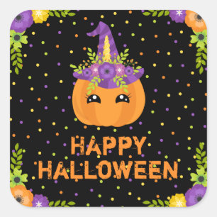 Sticker Carré Licorne Citrouille Joyeux Halloween Carré Noir Aut